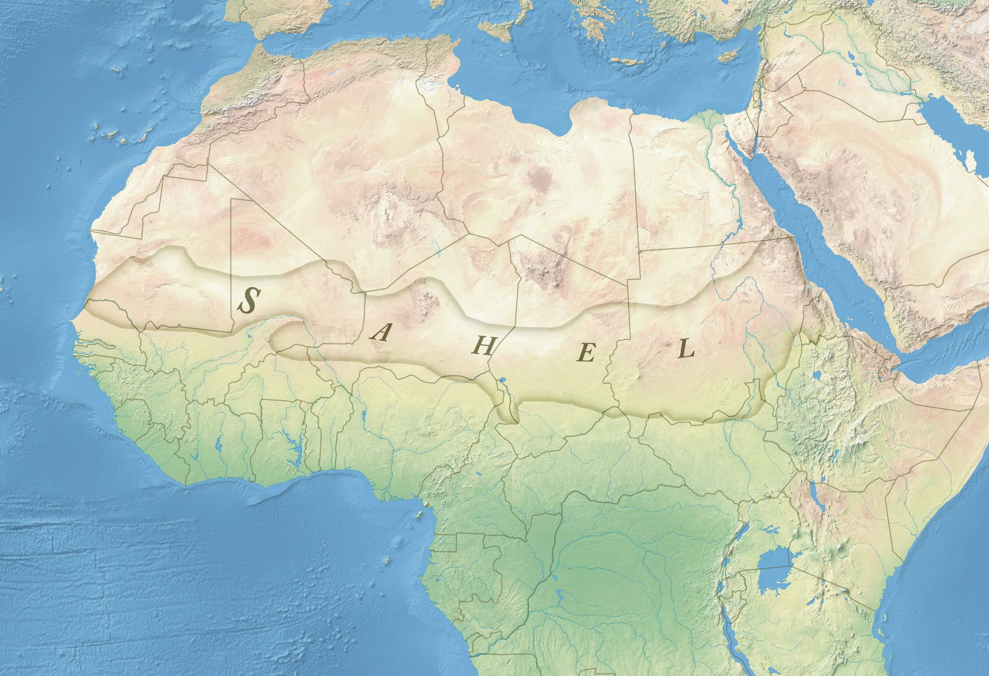 Relief map of North Africa with the Sahel belt labeled across the southern edge of the Sahara.
